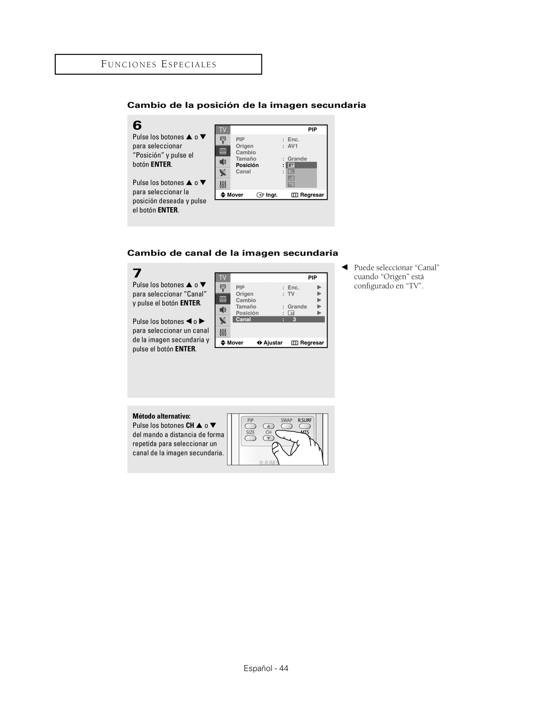 Samsung CL29M21, CL29M16, CL29T21 Cambio de la posición de la imagen secundaria, Cambio de canal de la imagen secundaria 
