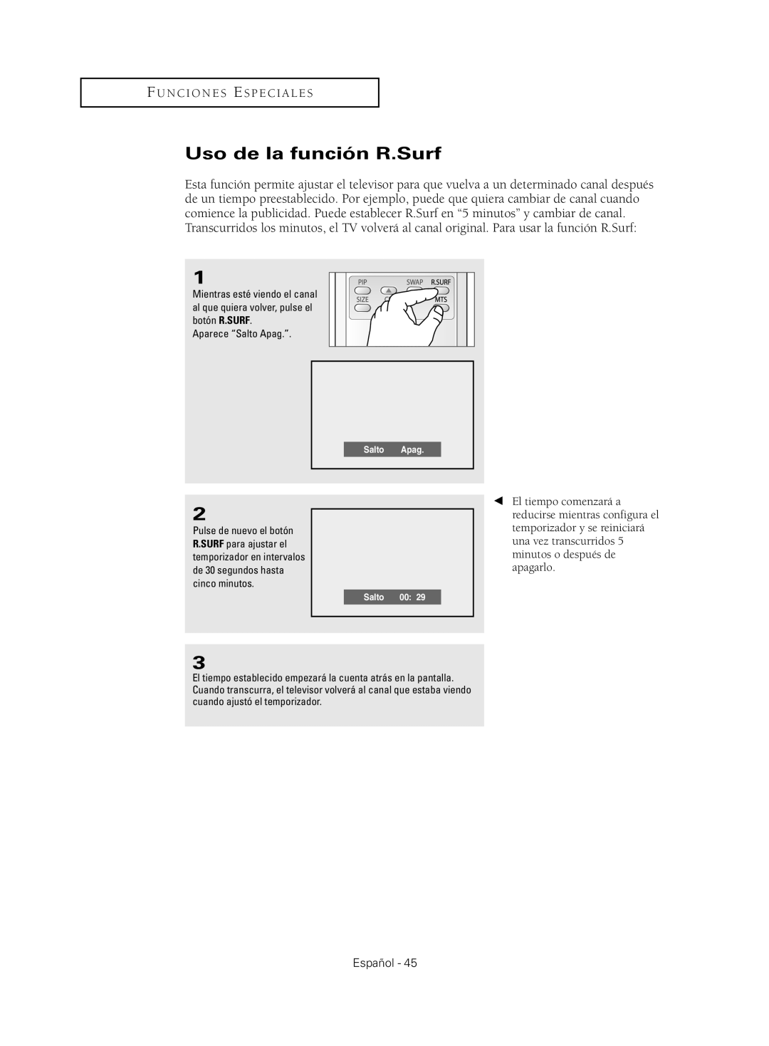 Samsung CL29T21, CL29M21, CL29M16, CL29K5, CL25M21 manual Uso de la función R.Surf, Salto Apag 