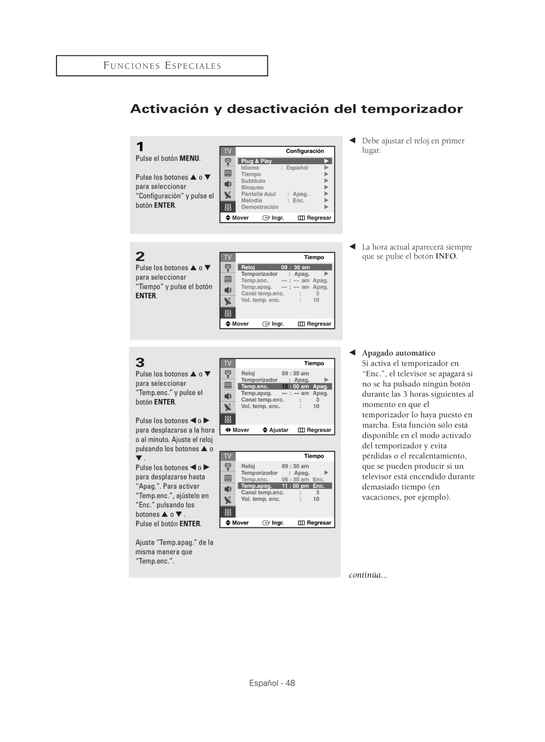 Samsung CL25M2, CL29M21, CL29M16, CL29T21 Activación y desactivación del temporizador, Debe ajustar el reloj en primer lugar 