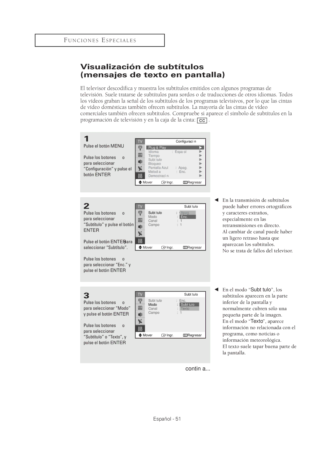 Samsung CL29M21, CL29M16, CL29T21 Visualización de subtítulos mensajes de texto en pantalla, En el modo Subtítulo, los 