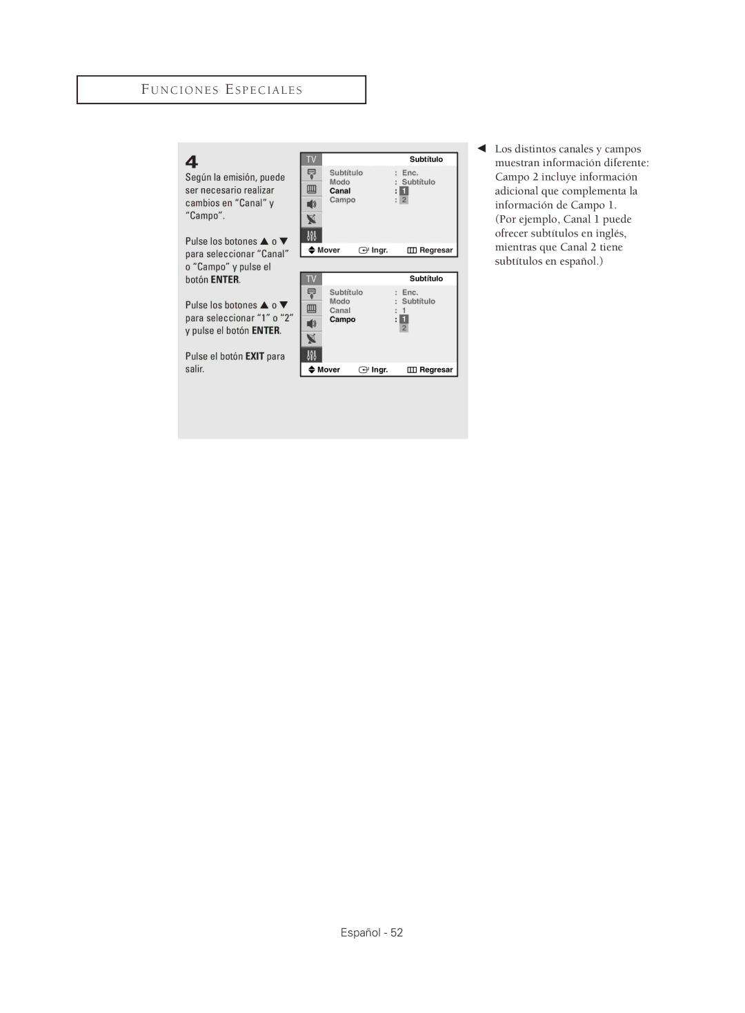 Samsung CL29T21, CL29M21, CL29M16, CL29K5, CL25M21 manual Subtítulo Enc Modo Canal Campo Mover Ingr Regresar 