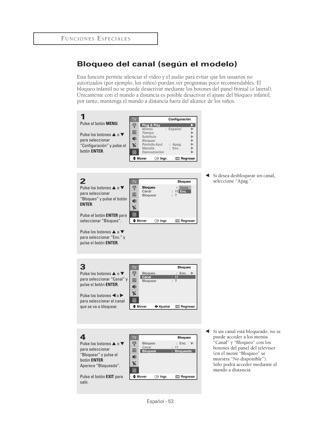 Samsung CL29K5, CL29M21, CL29M16, CL29T21 Bloqueo del canal según el modelo, Si desea desbloquear un canal, seleccione Apag 