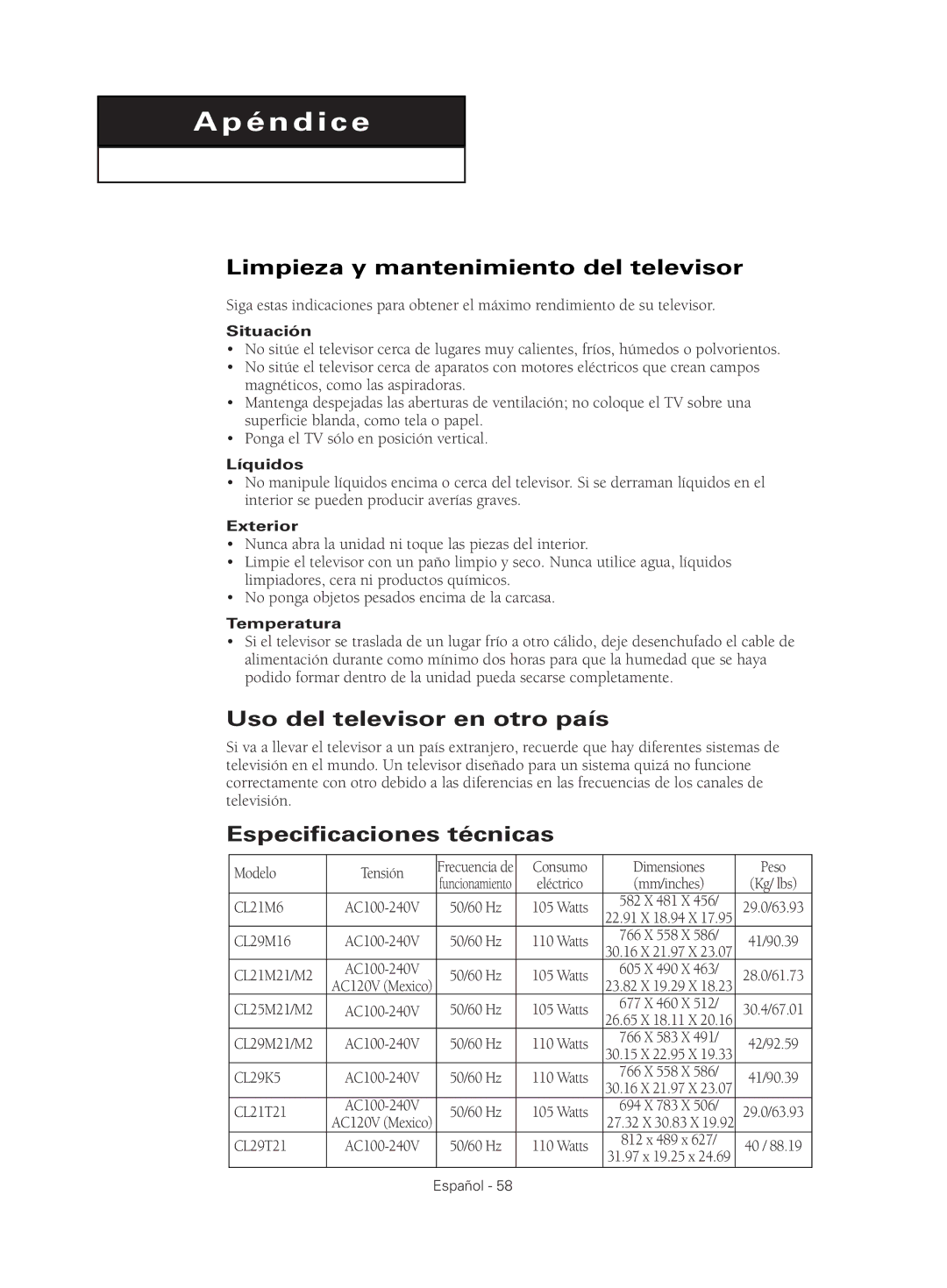 Samsung CL29M21 manual Limpieza y mantenimiento del televisor, Uso del televisor en otro país, Especificaciones técnicas 