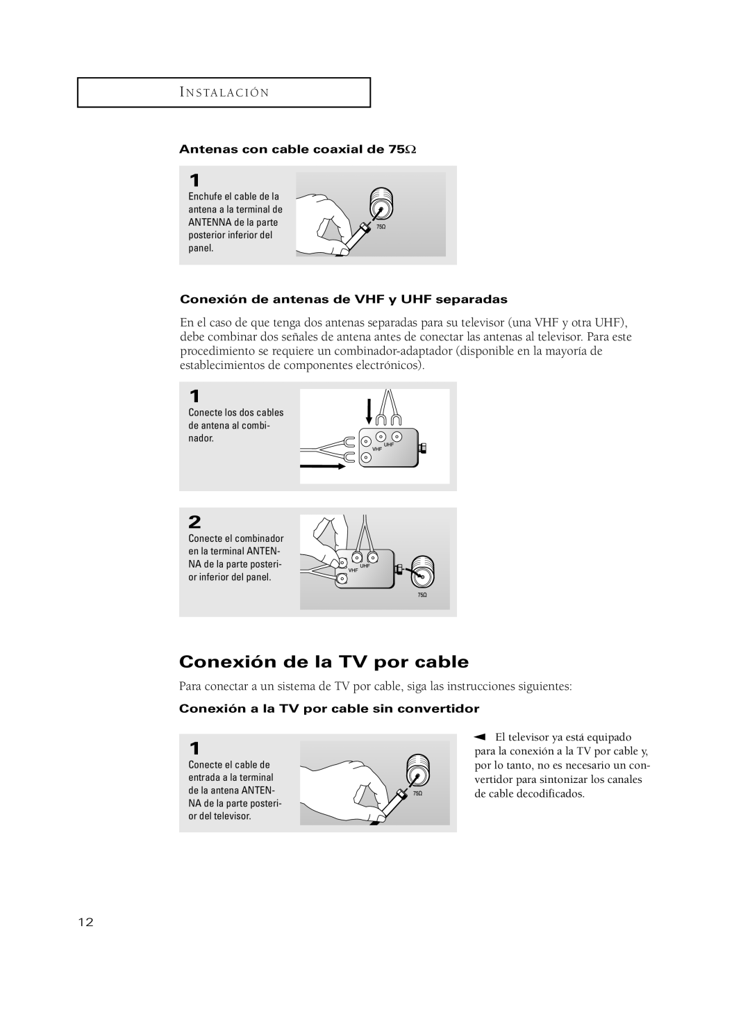 Samsung CL29M6 Conexión de la TV por cable, Antenas con cable coaxial de 75Ω, Conexión de antenas de VHF y UHF separadas 