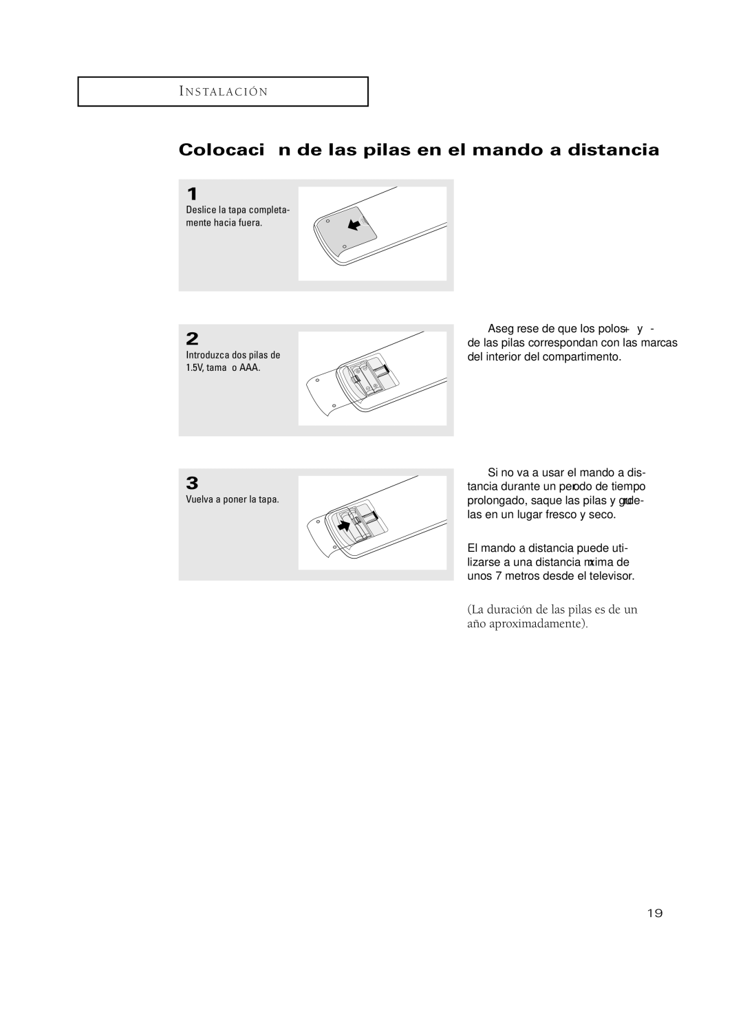 Samsung CL25M6MQ, CL29M21PQ, CL29A10, CL29M6MQ manual Colocación de las pilas en el mando a distancia, Vuelva a poner la tapa 