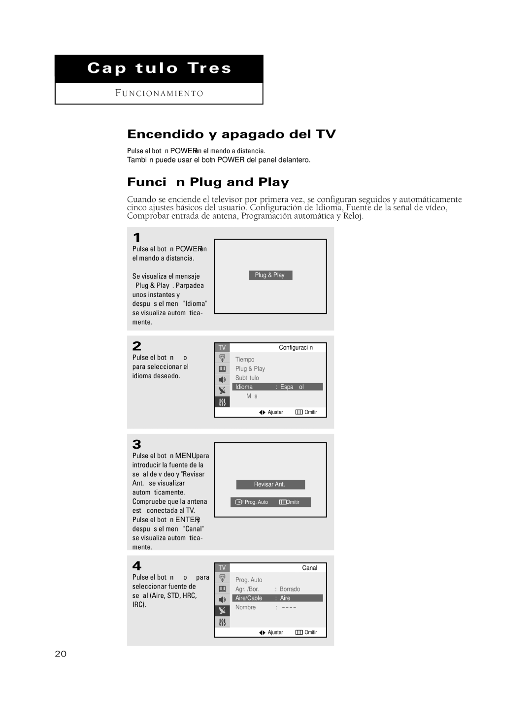 Samsung CL29M16MQ, CL29A10 Encendido y apagado del TV, Función Plug and Play, Pulse el botón Power en el mando a distancia 