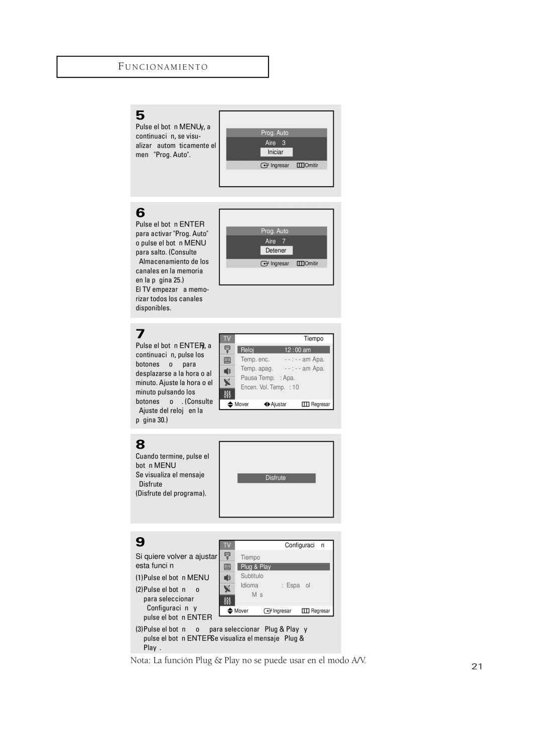 Samsung CL29T21PQ manual El TV empezará a memo- rizar todos los canales disponibles, 1Pulse el botón Menu, Prog. Auto Aire 