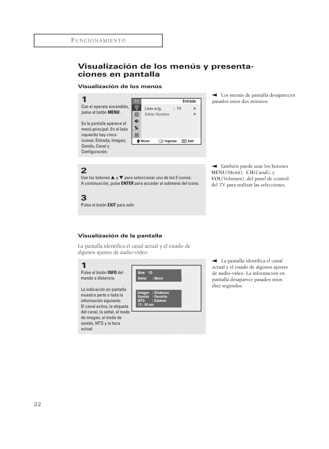 Samsung CL21M21PQ, CL29M21PQ manual Visualización de los menús y presenta- ciones en pantalla, Visualización de la pantalla 