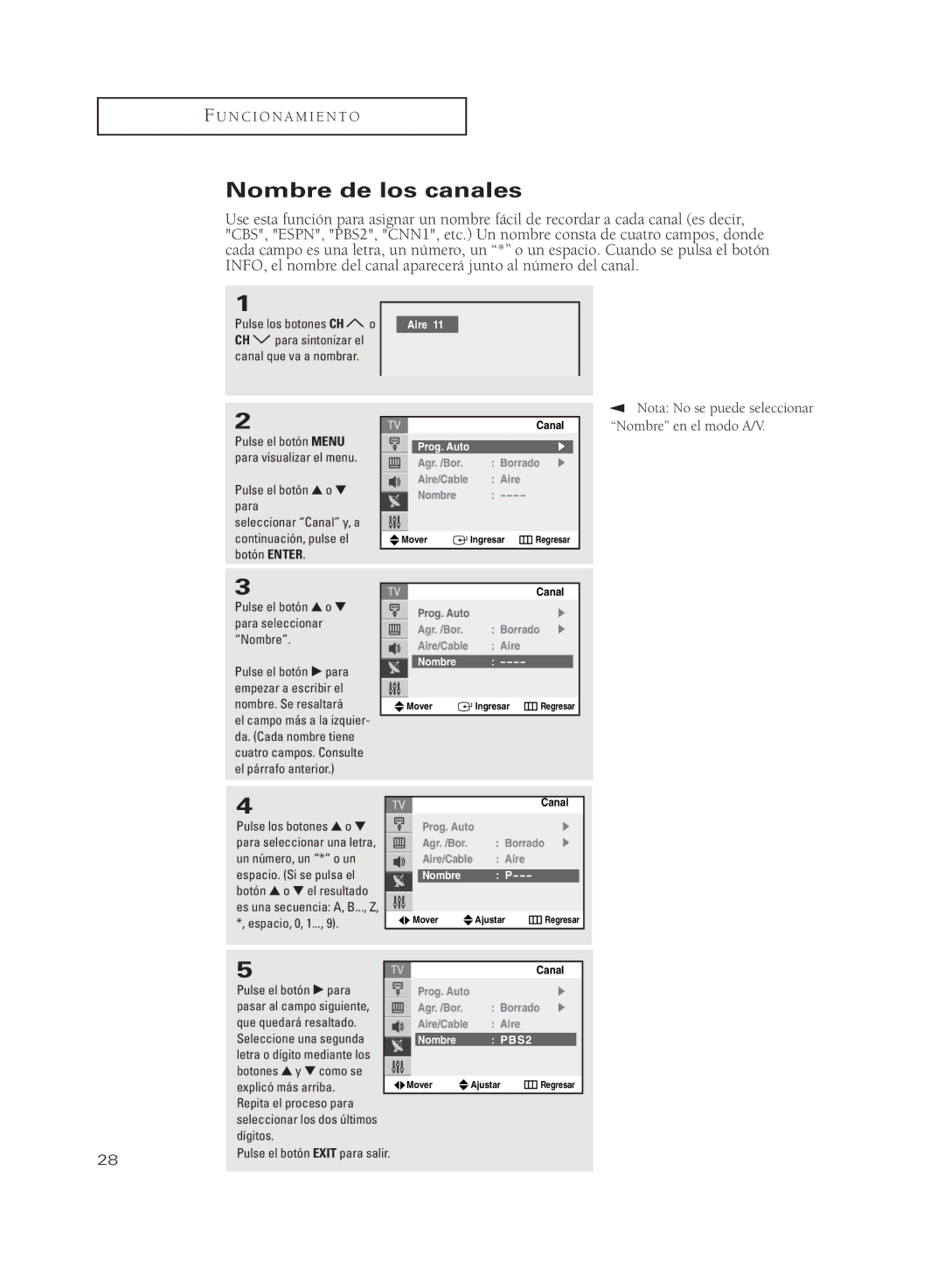 Samsung CL29M21PQ, CL29A10, CL29M6MQ, CL29M5MQ Nombre de los canales, Nota No se puede seleccionar, Nombre en el modo A/V 