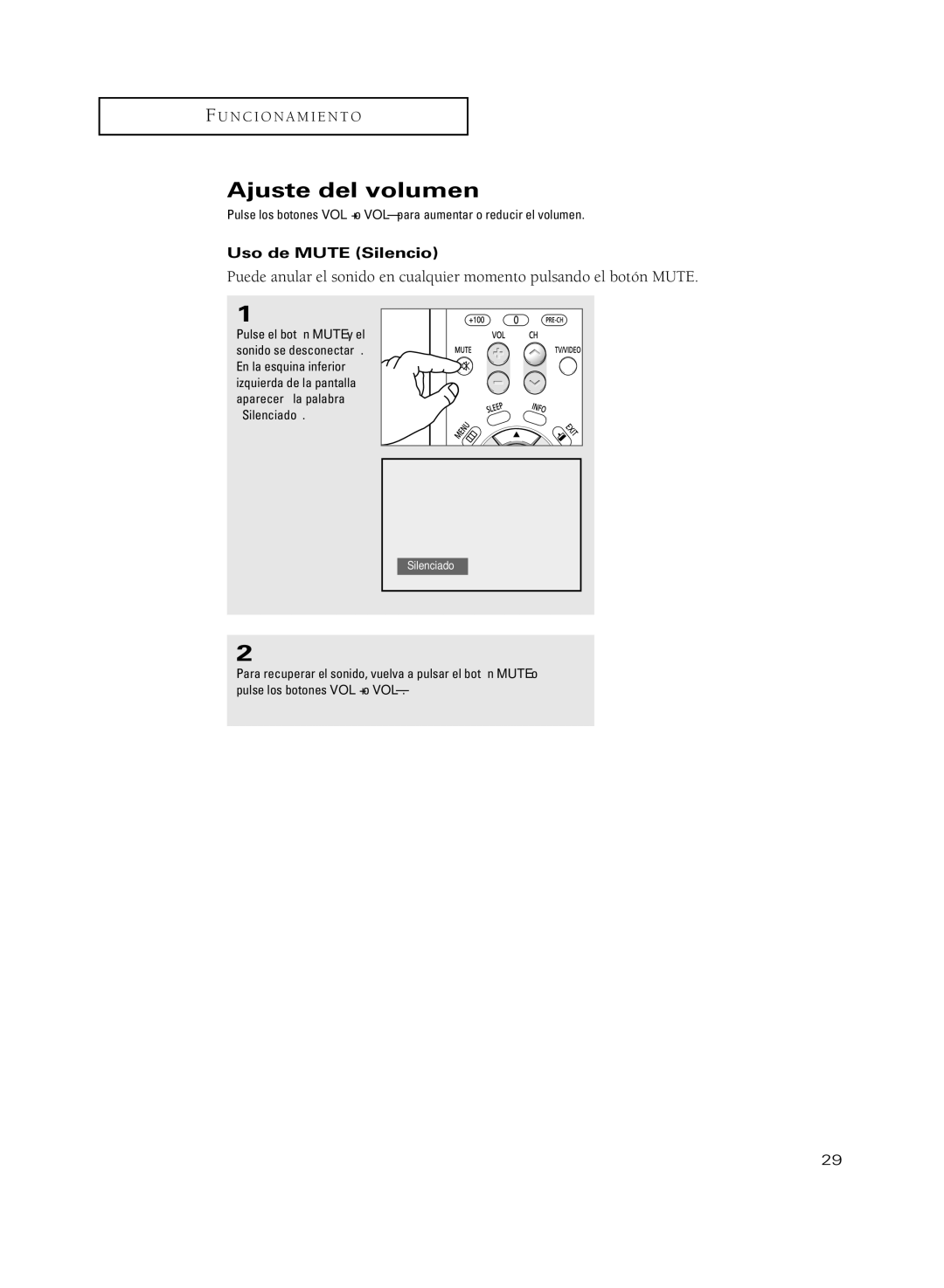 Samsung CL29A10, CL29M21PQ, CL29M6MQ, CL29M5MQ, CL29K5MQ, CL25M6MQ manual Ajuste del volumen, Uso de Mute Silencio, Silenciado 