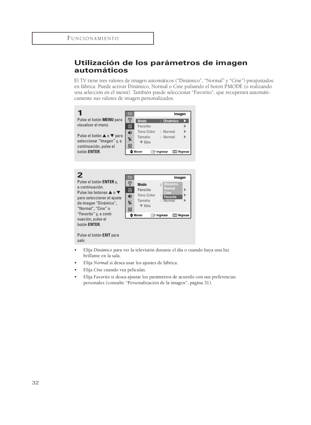 Samsung CL29K5MQ, CL29M21PQ, CL29A10 manual Utilización de los parámetros de imagen automáticos, Modo Dinámico √, Normal Cine 