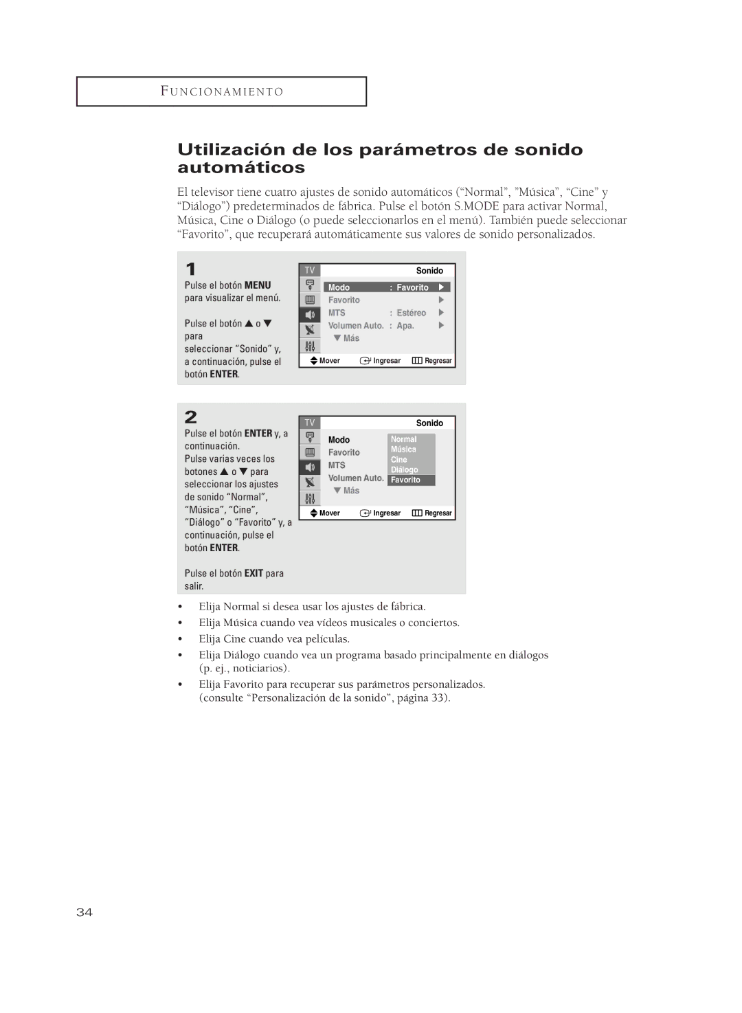 Samsung CL29M16MQ, CL29M21PQ, CL29A10 manual Utilización de los parámetros de sonido automáticos, ModoNormal, Cine MTSDiálogo 