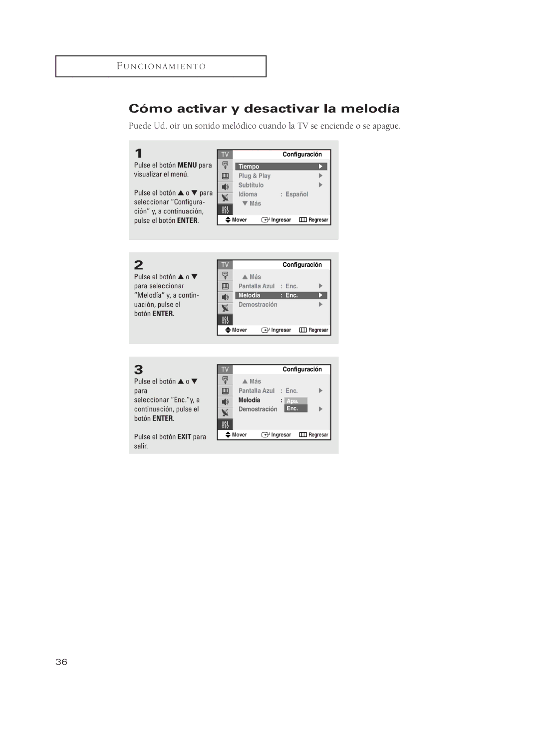 Samsung CL21M21PQ, CL29M21PQ, CL29A10, CL29M6MQ, CL29M5MQ, CL29K5MQ, CL25M6MQ Cómo activar y desactivar la melodía, Melodía Enc 