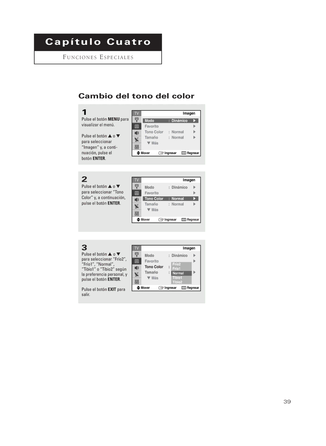 Samsung CL21M21MQ, CL29M21PQ, CL29A10, CL29M6MQ, CL29M5MQ manual Cambio del tono del color, Normal, Frío2 Frío1, Tibio1 Tibio2 