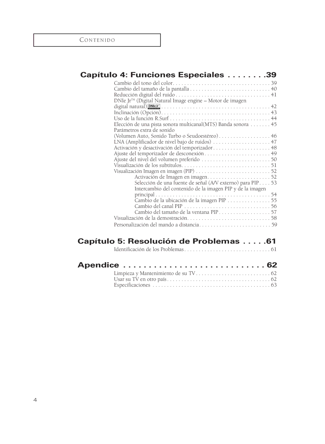 Samsung CL29K5MQ, CL29M21PQ, CL29A10, CL29M6MQ Capítulo 4 Funciones Especiales, Capítulo 5 Resolución de Problemas, Apendice 