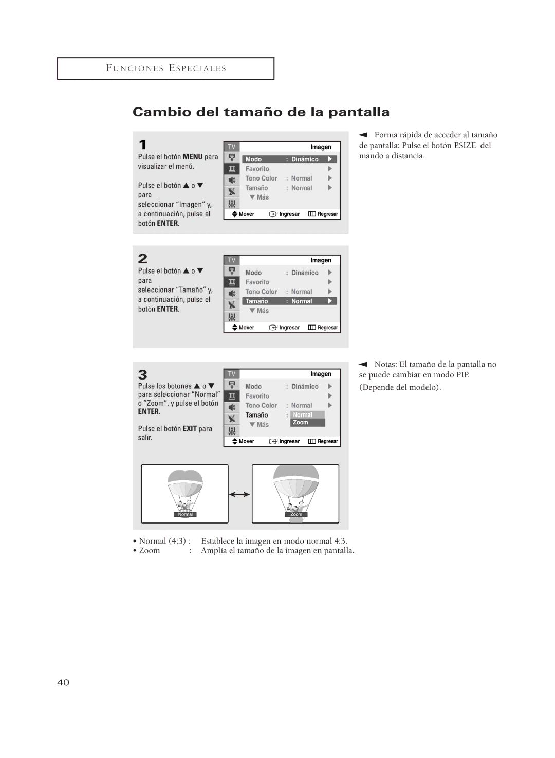 Samsung CL29M21PQ, CL29A10, CL29M6MQ, CL29M5MQ, CL29K5MQ, CL25M6MQ Cambio del tamaño de la pantalla, Tamaño Normal, Zoom 