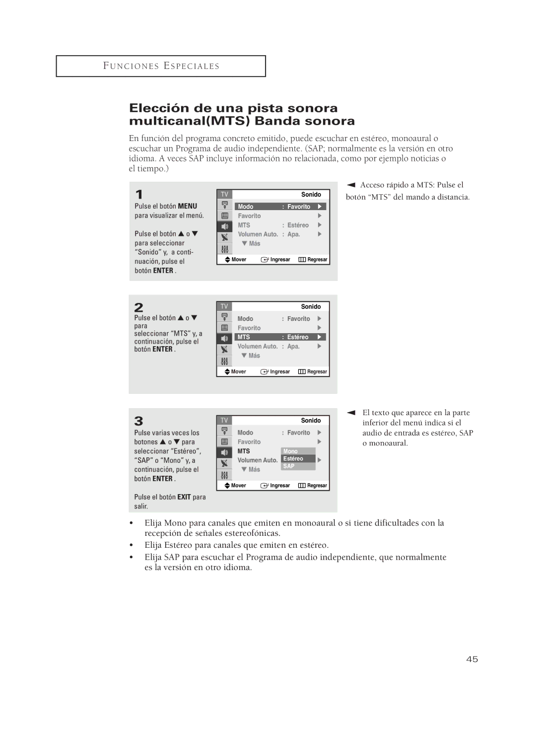 Samsung CL29M5MQ, CL29M21PQ, CL29A10, CL29M6MQ manual Elección de una pista sonora multicanalMTS Banda sonora, Estéreo, Mono 