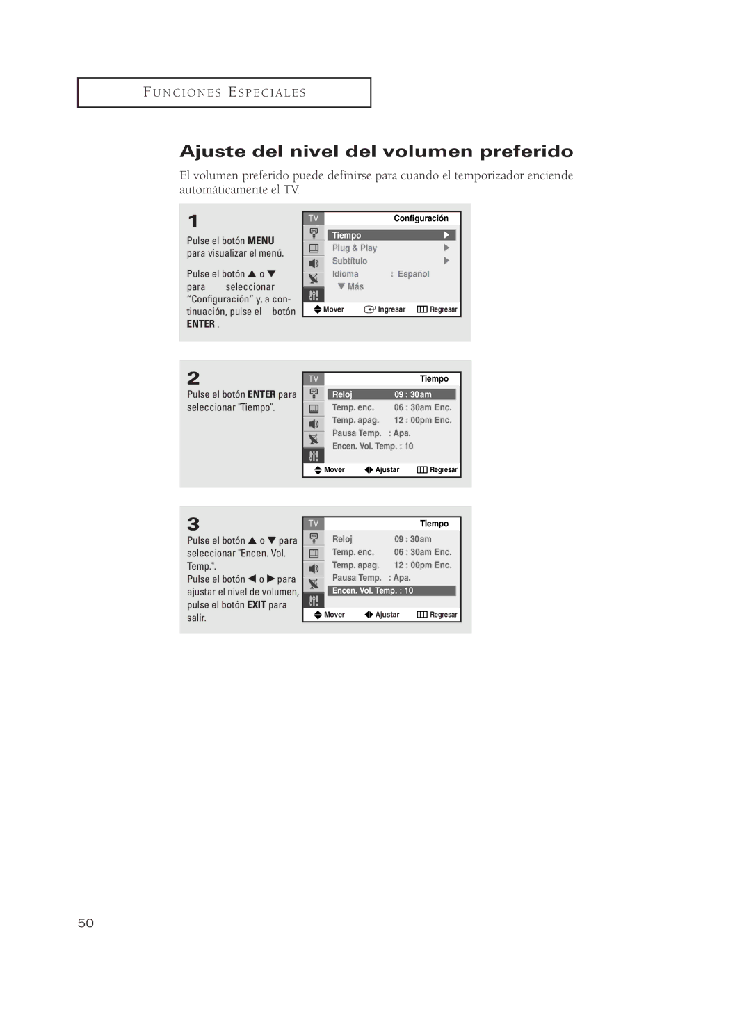 Samsung CL21M21PQ, CL29M21PQ Ajuste del nivel del volumen preferido, Pulse el botón o Para seleccionar, Encen. Vol. Temp 