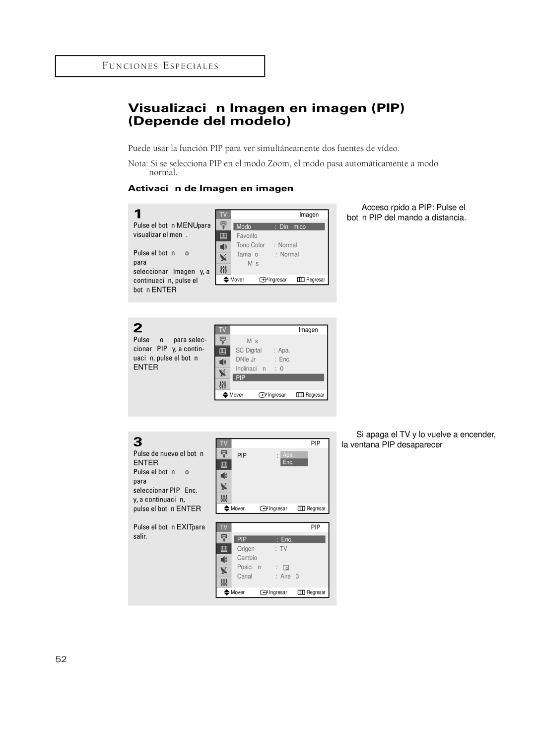 Samsung CL21S8MQ, CL29M21PQ, CL29A10 Visualización Imagen en imagen PIP Depende del modelo, Activación de Imagen en imagen 