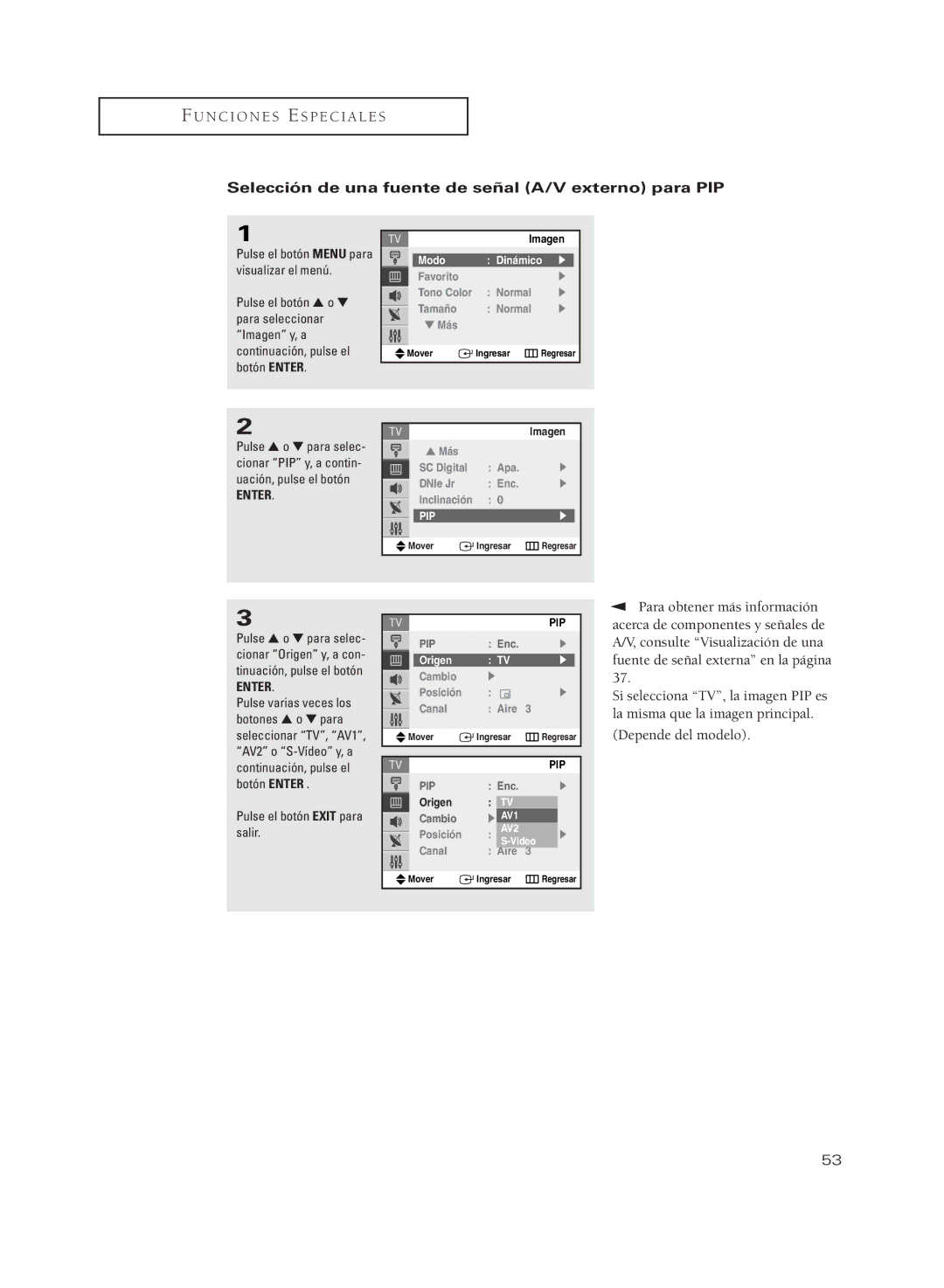 Samsung CL21M21MQ, CL29M21PQ, CL29A10, CL29M6MQ, CL29M5MQ manual Selección de una fuente de señal A/V externo para PIP, Origen 