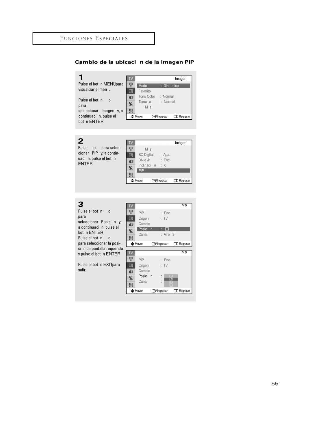 Samsung CL34A10, CL29M21PQ, CL29A10, CL29M6MQ, CL29M5MQ, CL29K5MQ, CL25M6MQ Cambio de la ubicación de la imagen PIP, Posición 