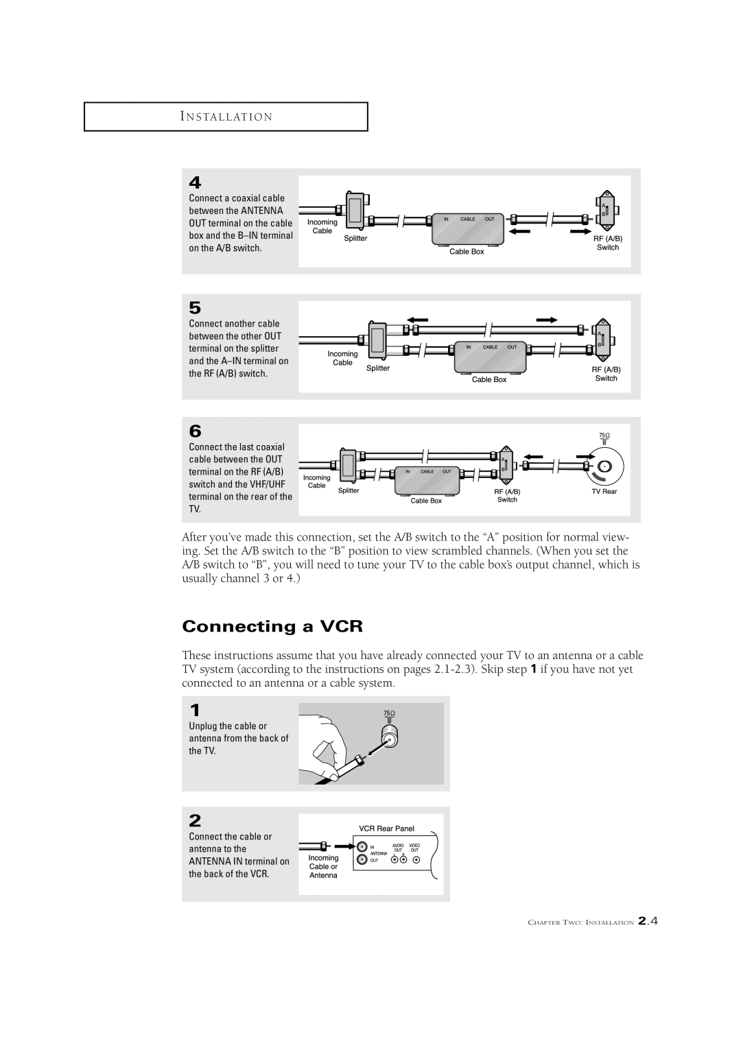 Samsung CL21K5MQ, CL29V10MN, CL21M5W, CL21A11MQ manual Connecting a VCR, Unplug the cable or antenna from the back of the TV 