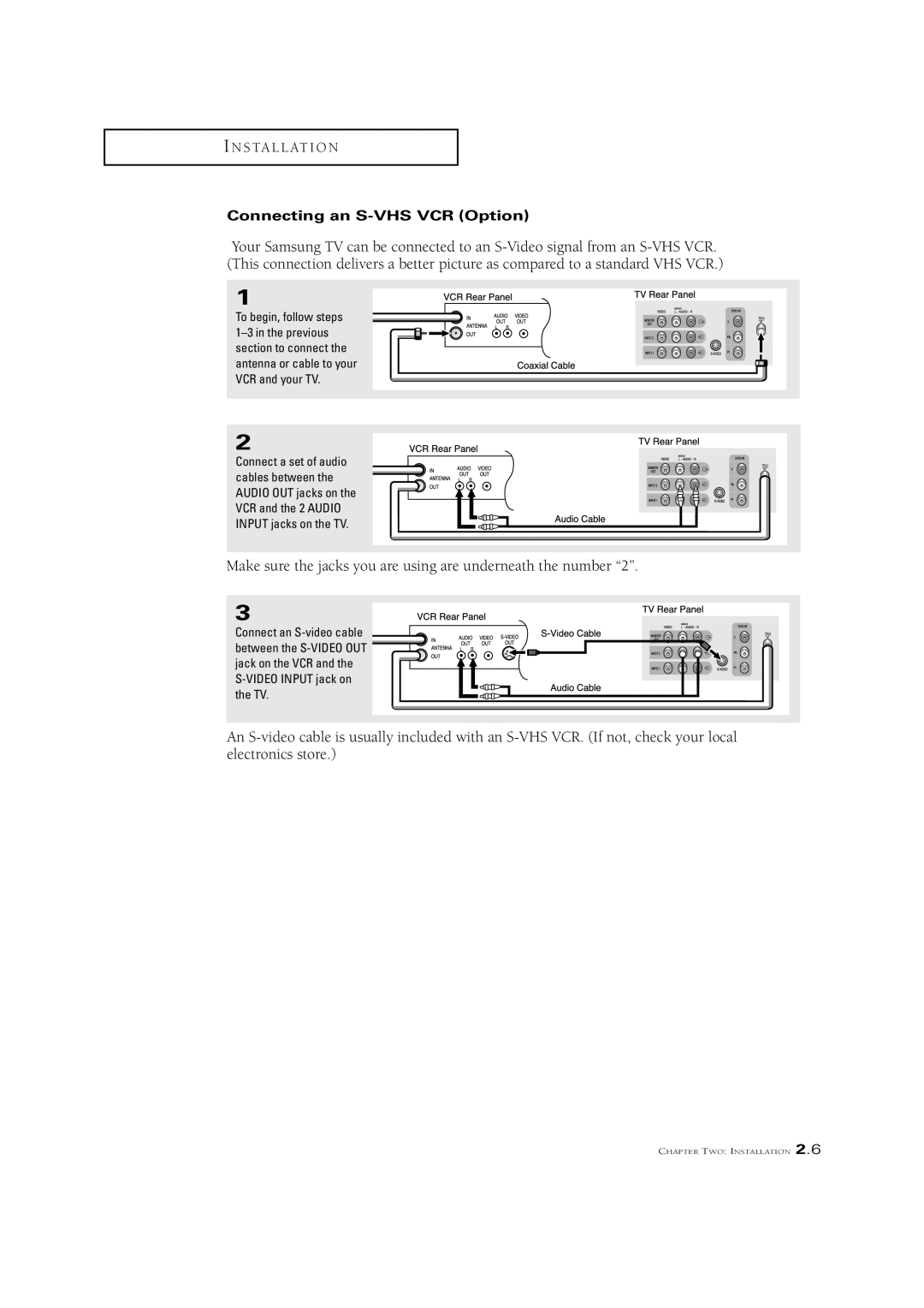 Samsung CL21A11MQ, CL29V10MN Make sure the jacks you are using are underneath the number, Connecting an S-VHS VCR Option 