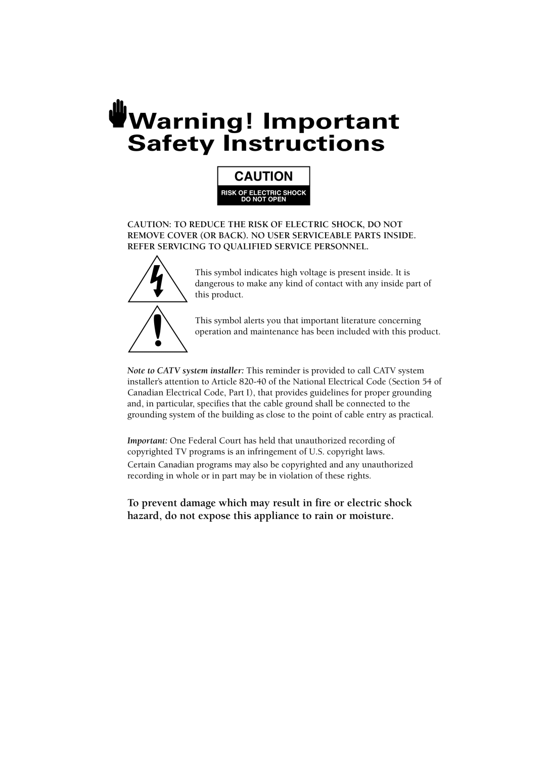 Samsung CL21M5W, CL29V10MN, CL21K5MQ, CL21A11MQ manual Risk of Electric Shock Do not Open 