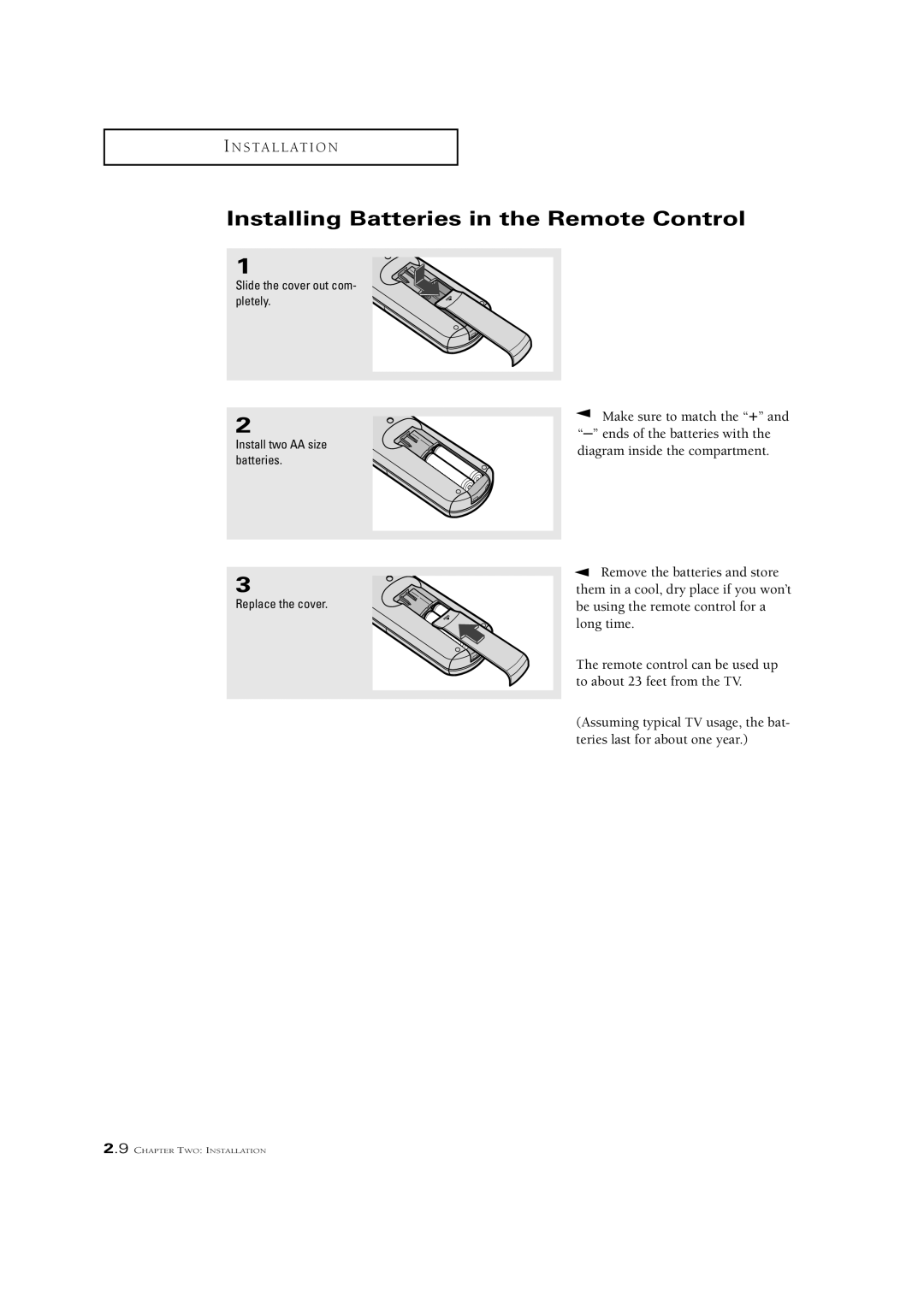 Samsung CL21M5W, CL29V10MN, CL21K5MQ, CL21A11MQ manual Installing Batteries in the Remote Control 