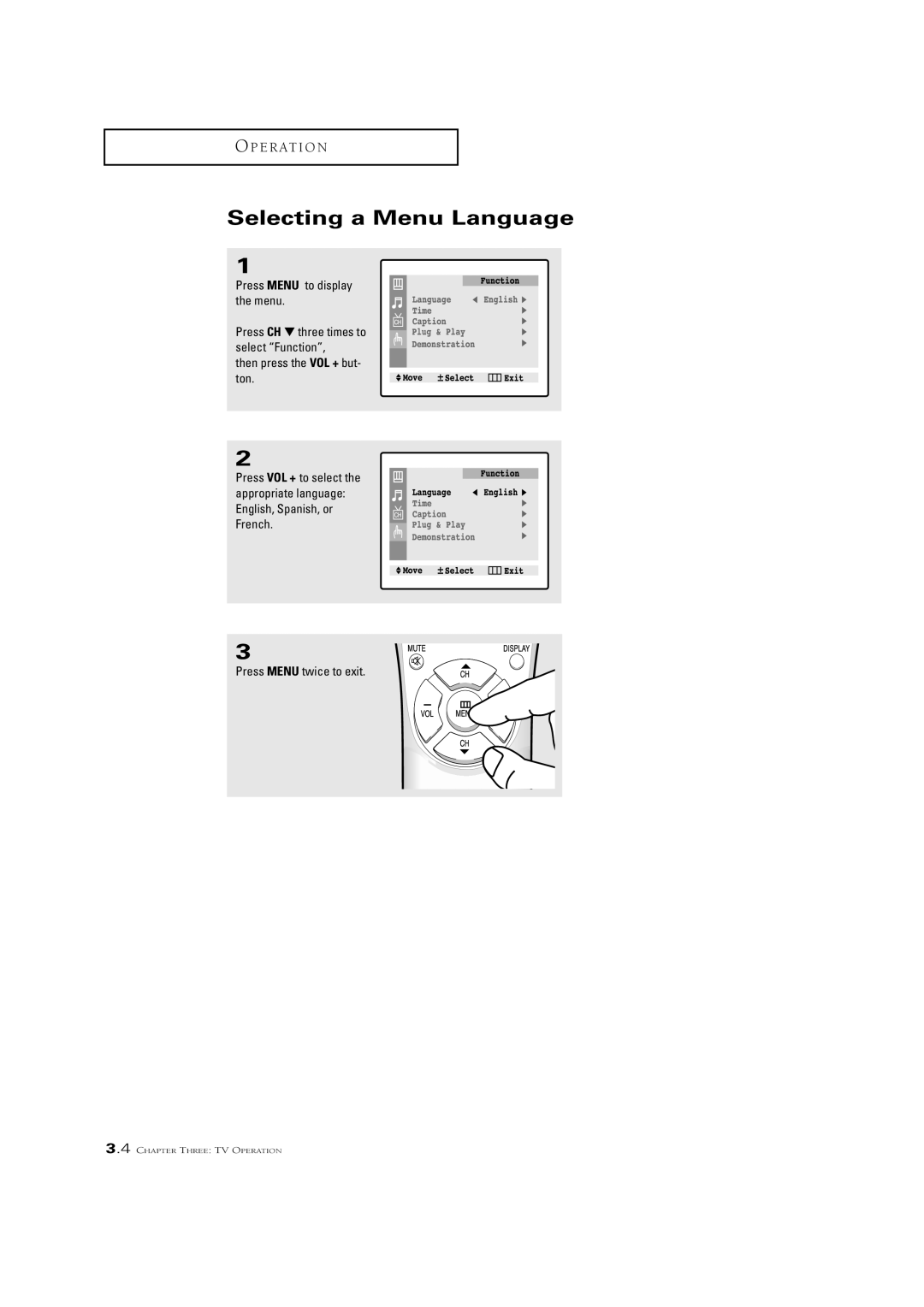 Samsung CL21M5W, CL29V10MN, CL21K5MQ, CL21A11MQ manual Selecting a Menu Language 