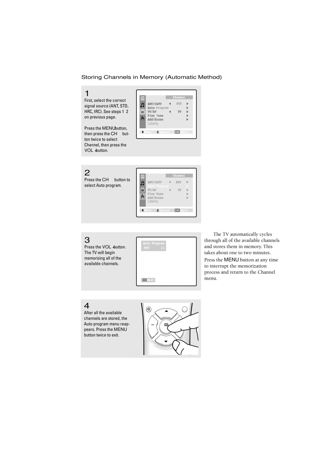 Samsung CL29V10MN, CL21K5MQ manual Storing Channels in Memory Automatic Method, Press the CH button to select Auto program 