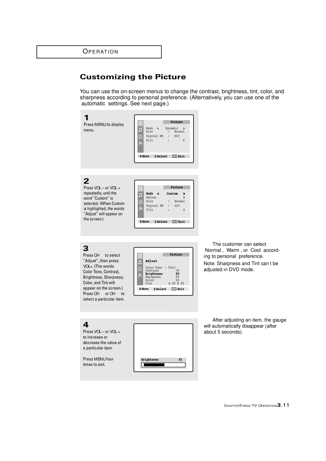 Samsung CL21K5MQ, CL29V10MN, CL21M5W, CL21A11MQ manual Customizing the Picture, Press Menu to display menu 