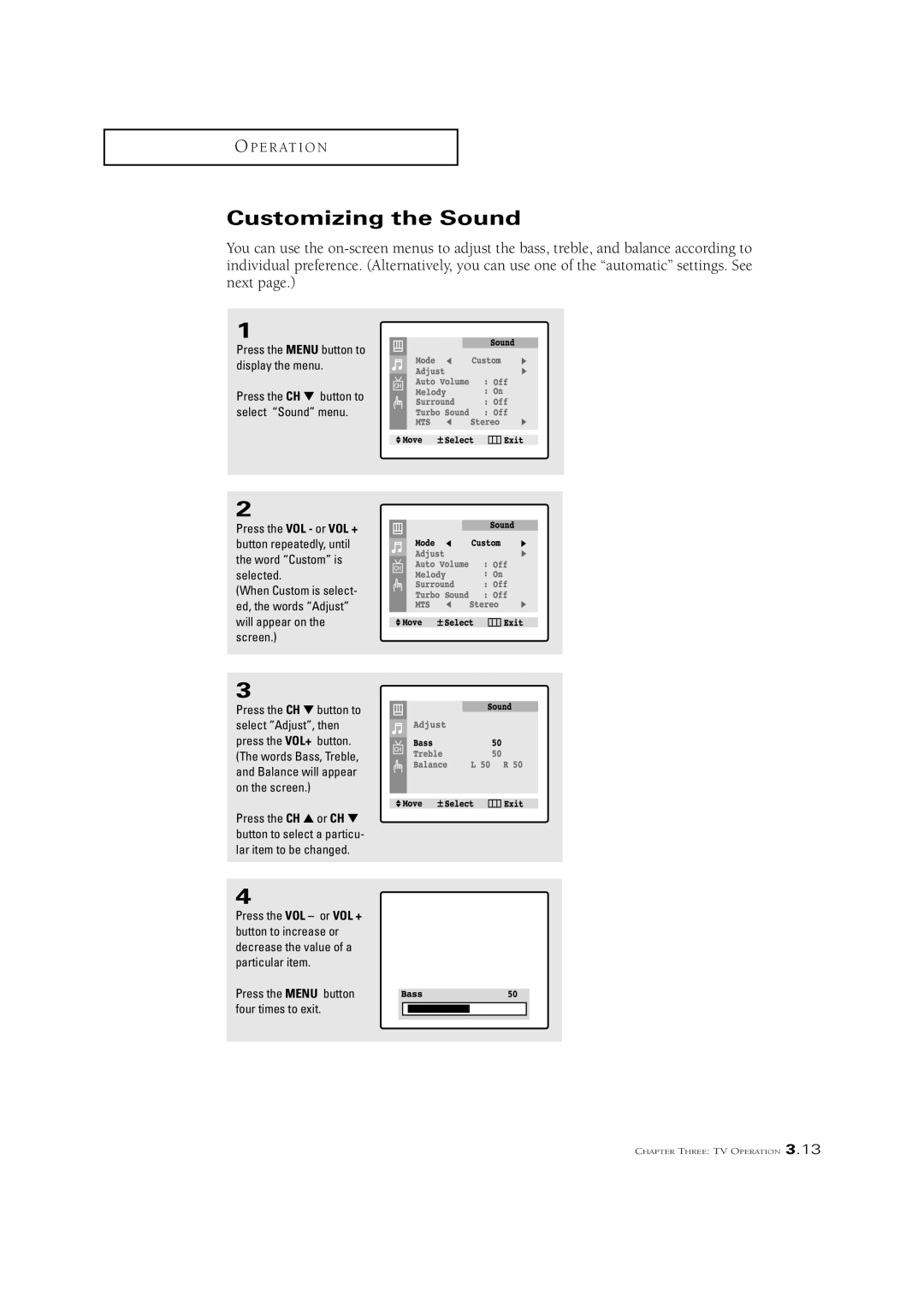 Samsung CL21A11MQ, CL29V10MN, CL21K5MQ, CL21M5W manual Customizing the Sound 