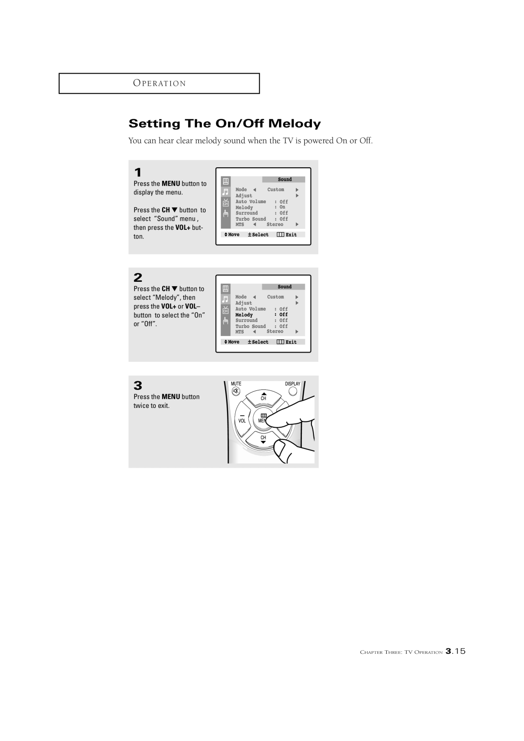 Samsung CL21K5MQ, CL29V10MN, CL21M5W, CL21A11MQ manual Setting The On/Off Melody 