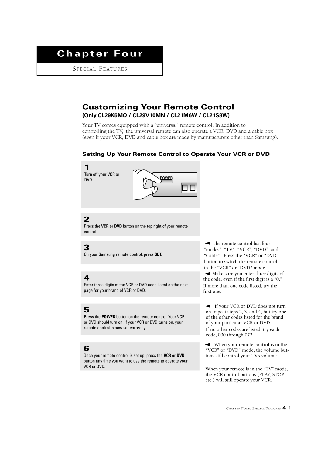 Samsung CL21A11MQ, CL29V10MN Customizing Your Remote Control, Setting Up Your Remote Control to Operate Your VCR or DVD 