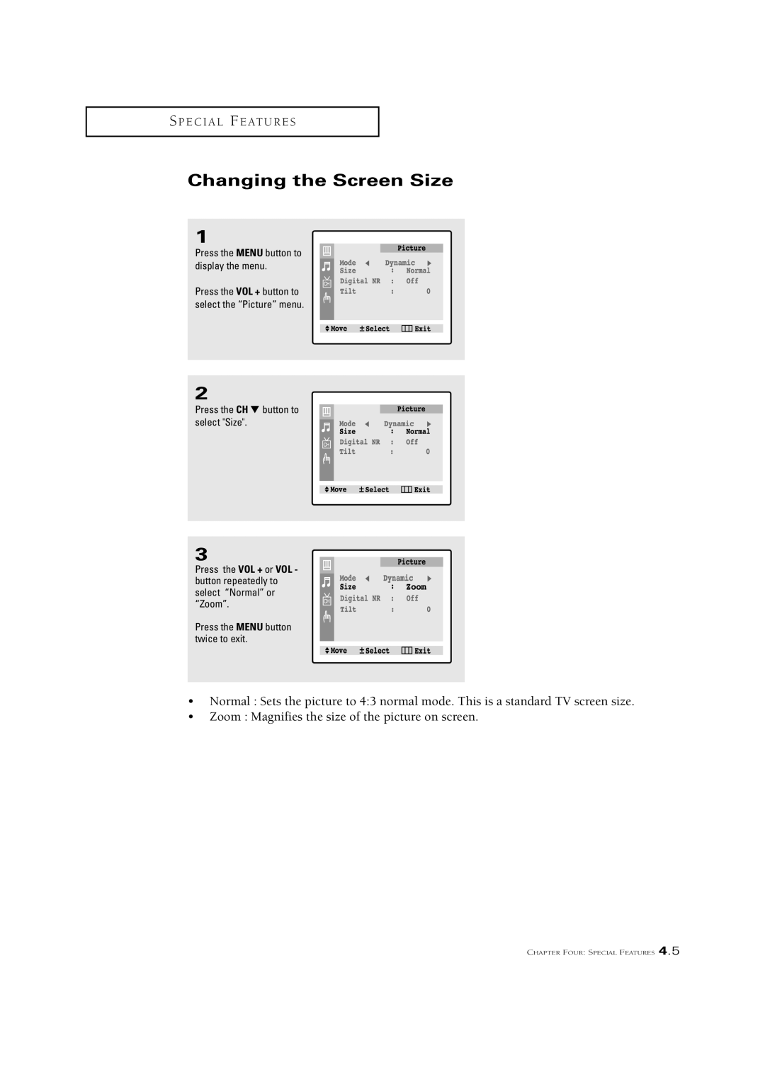 Samsung CL21A11MQ, CL29V10MN, CL21K5MQ, CL21M5W manual Changing the Screen Size, Press the Menu button to display the menu 