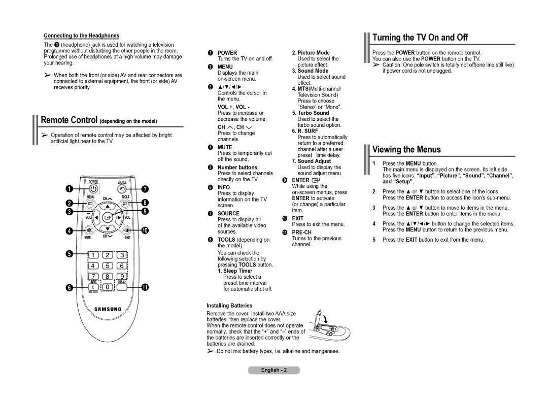 Samsung 2BH0, CL2Z43, 2Z55 manual Turning the TV On and Off, Viewing the Menus 