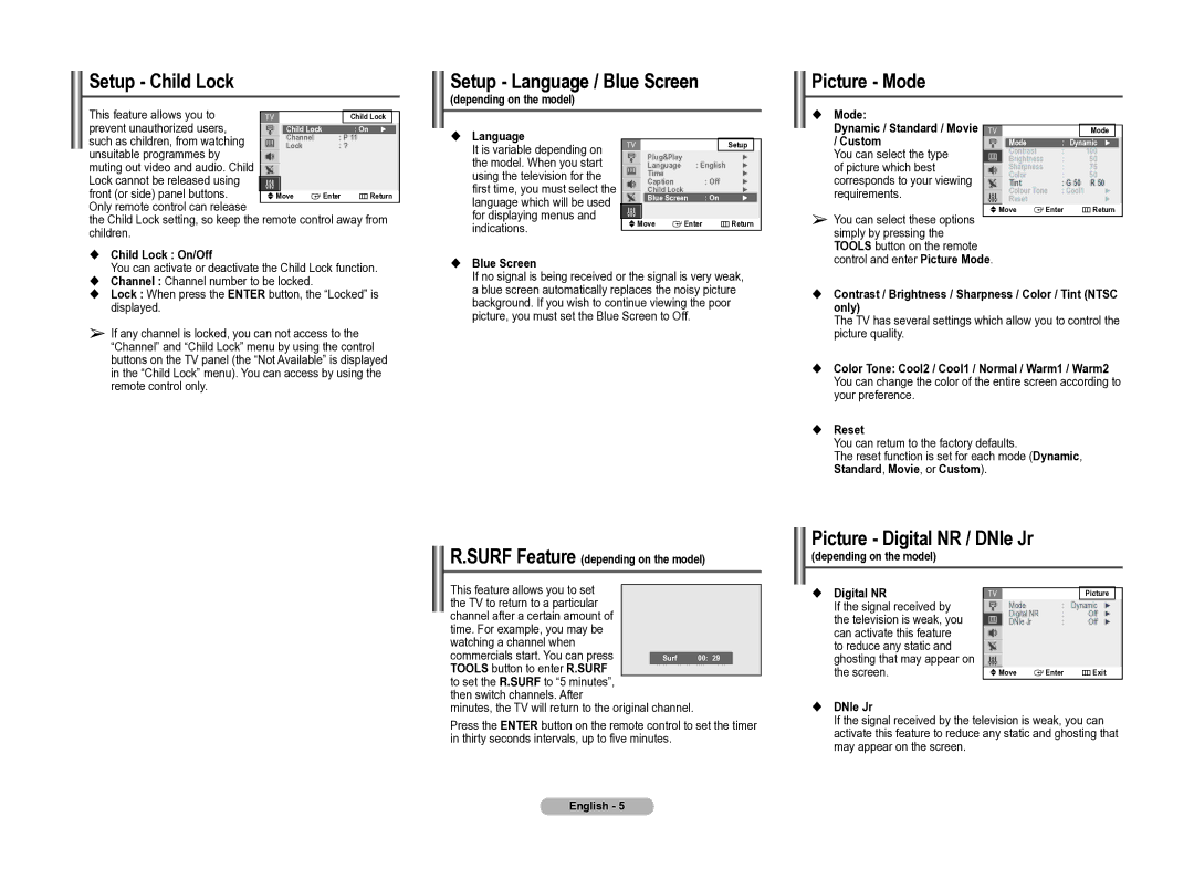 Samsung 2BH0, CL2Z43, 2Z55 manual Setup Child Lock Setup Language / Blue Screen, Picture Mode, Picture Digital NR / DNIe Jr 