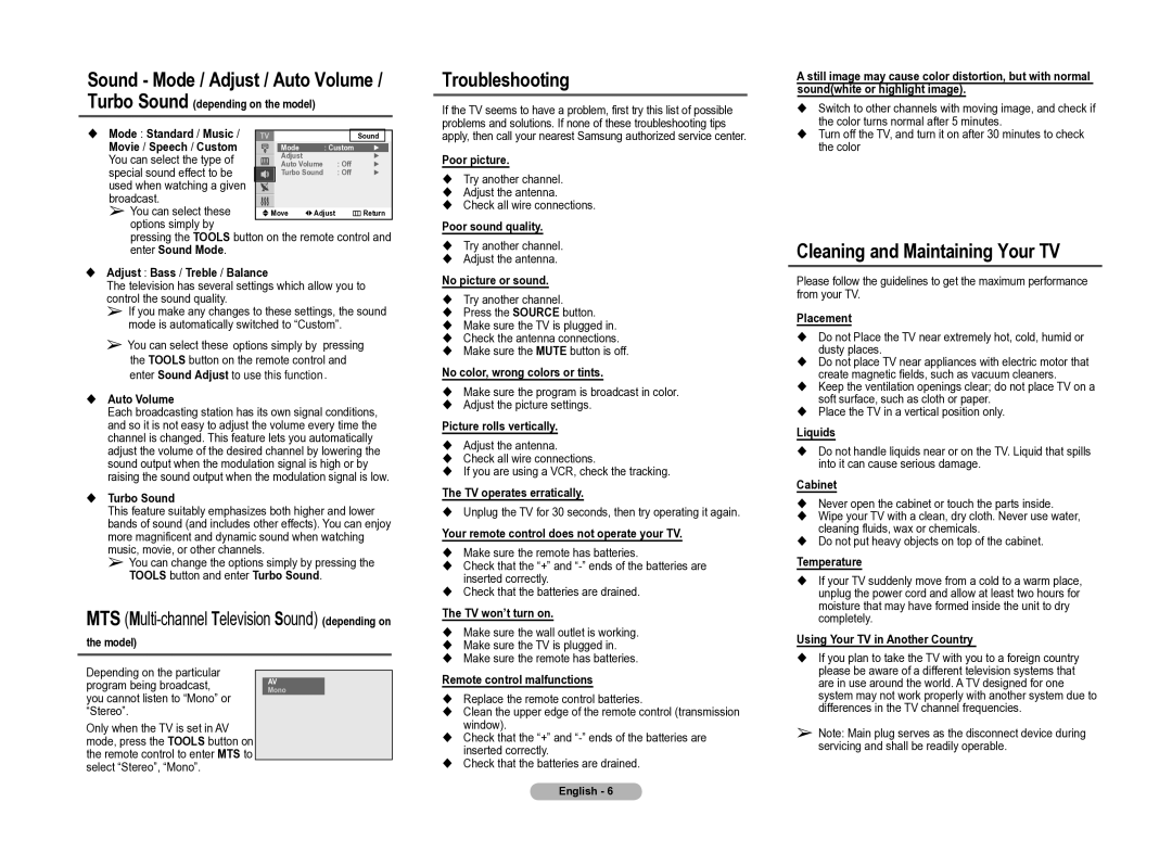 Samsung CL2Z43, 2Z55, 2BH0 manual Sound Mode / Adjust / Auto Volume, Troubleshooting, Cleaning and Maintaining Your TV 