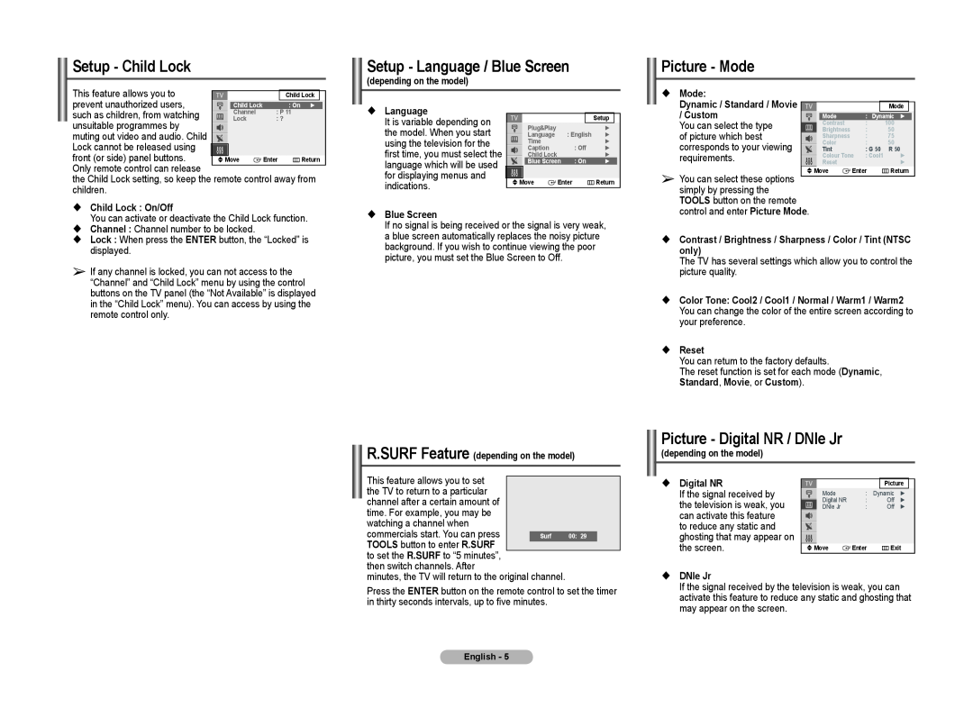 Samsung 2BH0 Setup - Child Lock, Setup - Language / Blue Screen, Picture - Mode, Picture - Digital NR / DNIe Jr, Custom 