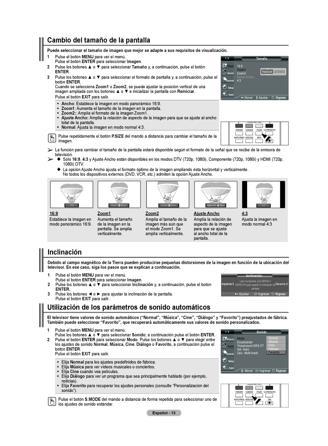 Samsung CL32Z40DSK manual Zoom1 Zoom2, Establece la imagen en Aumenta el tamaño, Ajuste Ancho, Amplía la relación de 