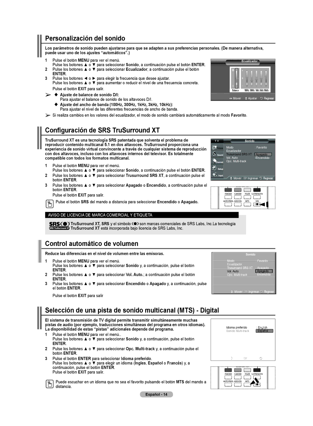 Samsung CL32Z40DSK manual Personalización del sonido, Configuración de SRS TruSurround XT, Control automático de volumen 