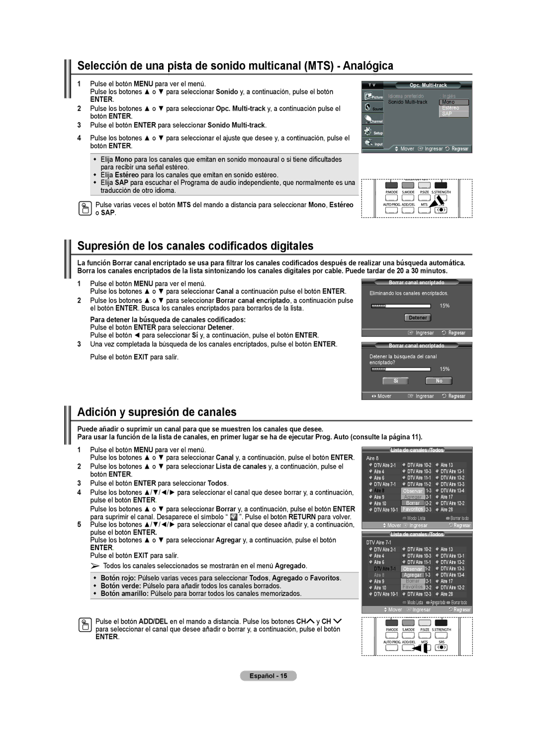 Samsung CL32Z40DSK manual Selección de una pista de sonido multicanal MTS Analógica, Adición y supresión de canales, Sap 