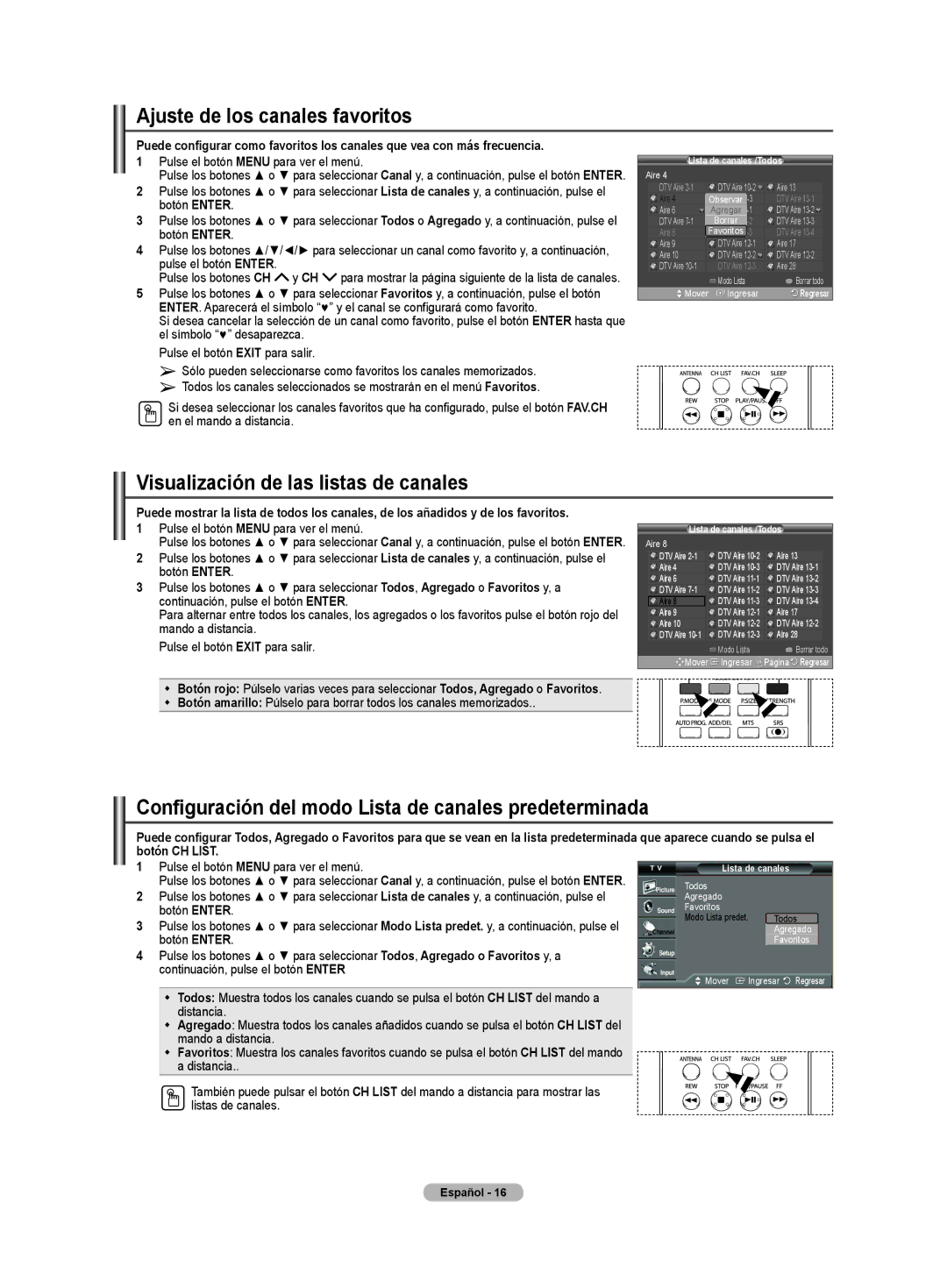 Samsung CL32Z40DSK manual Ajuste de los canales favoritos, Visualización de las listas de canales, Lista de canales /Todos 