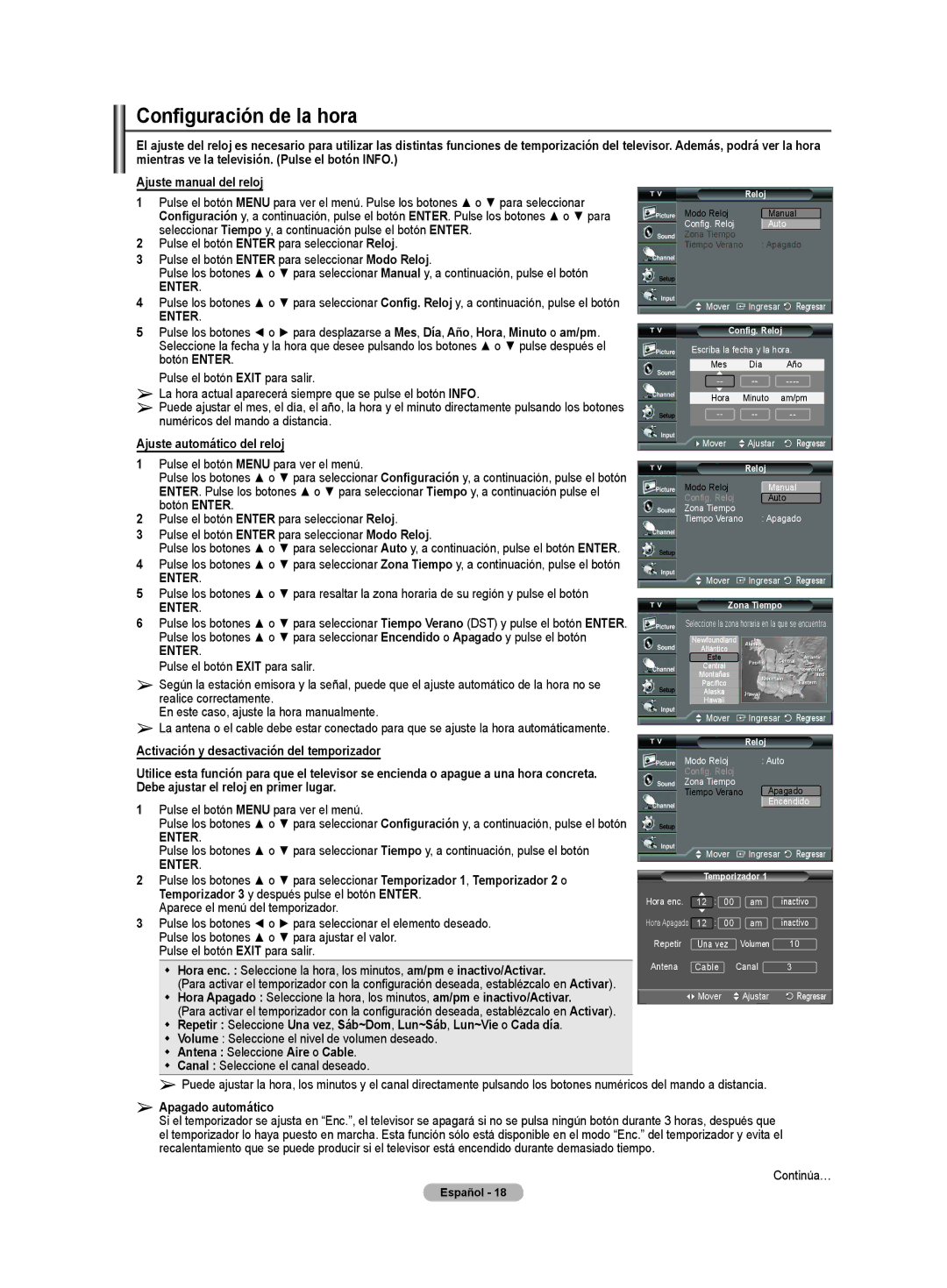 Samsung CL32Z40DSK manual Configuración de la hora,  Volume Seleccione el nivel de volumen deseado, Apagado automático 