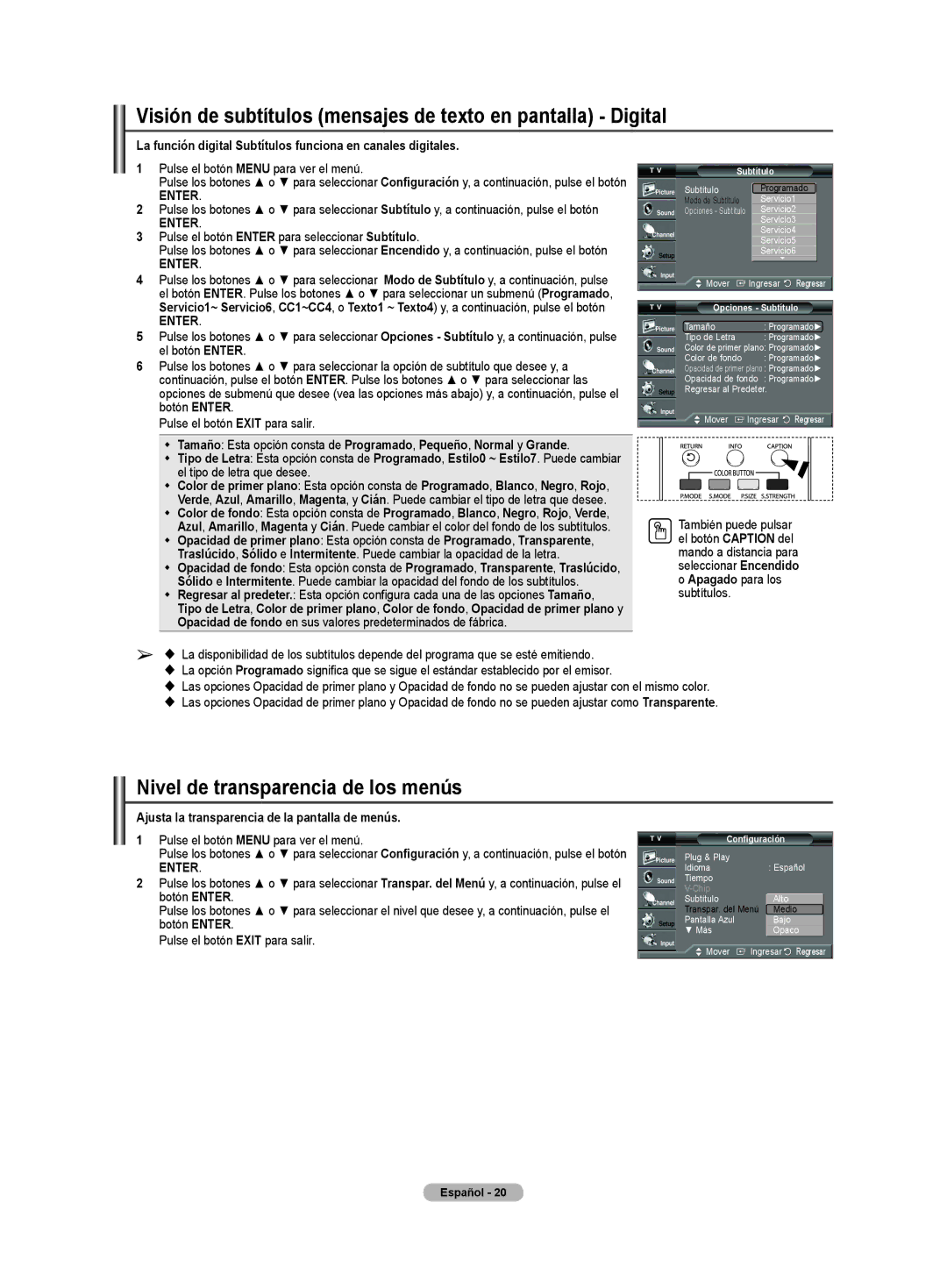 Samsung CL32Z40DSK manual Visión de subtítulos mensajes de texto en pantalla Digital, Nivel de transparencia de los menús 