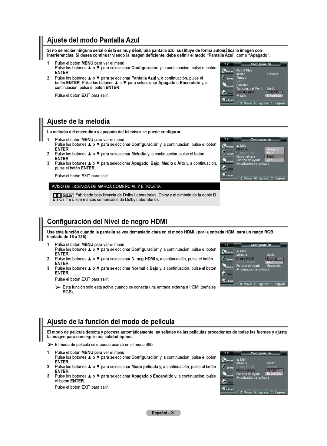 Samsung CL32Z40DSK manual Ajuste del modo Pantalla Azul, Ajuste de la melodía, Configuración del Nivel de negro Hdmi 