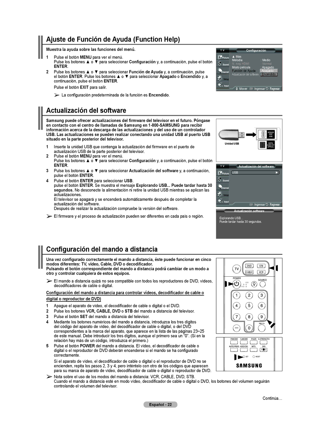 Samsung CL32Z40DSK manual Ajuste de Función de Ayuda Function Help, Actualización del software 