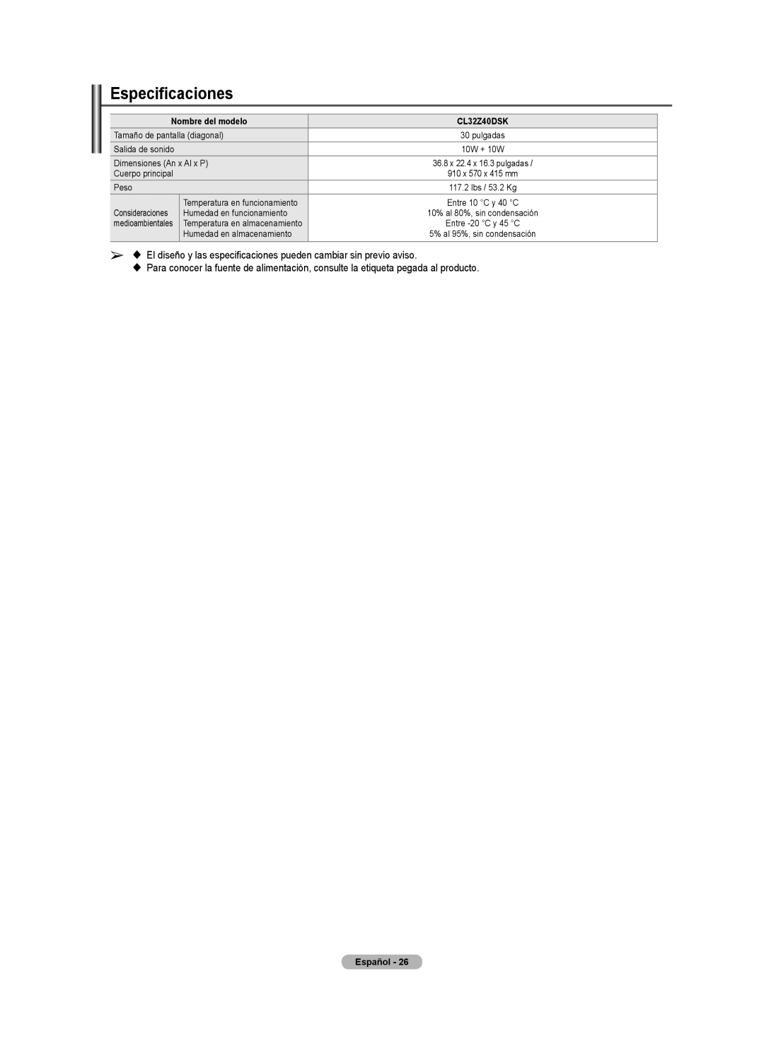 Samsung CL32Z40DSK manual Especificaciones 