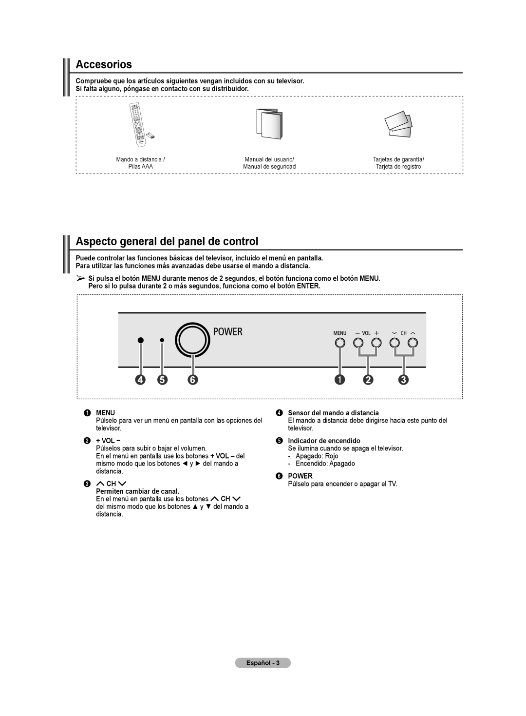 Samsung CL32Z40DSK manual Accesorios, Aspecto general del panel de control 